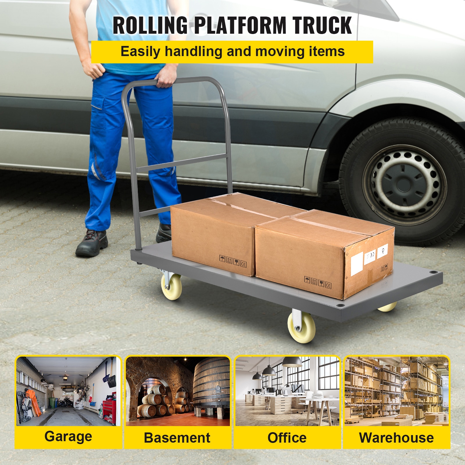Heavy Duty Platform Truck Flatbed Cart With Handle For Warehouse_voghion.com